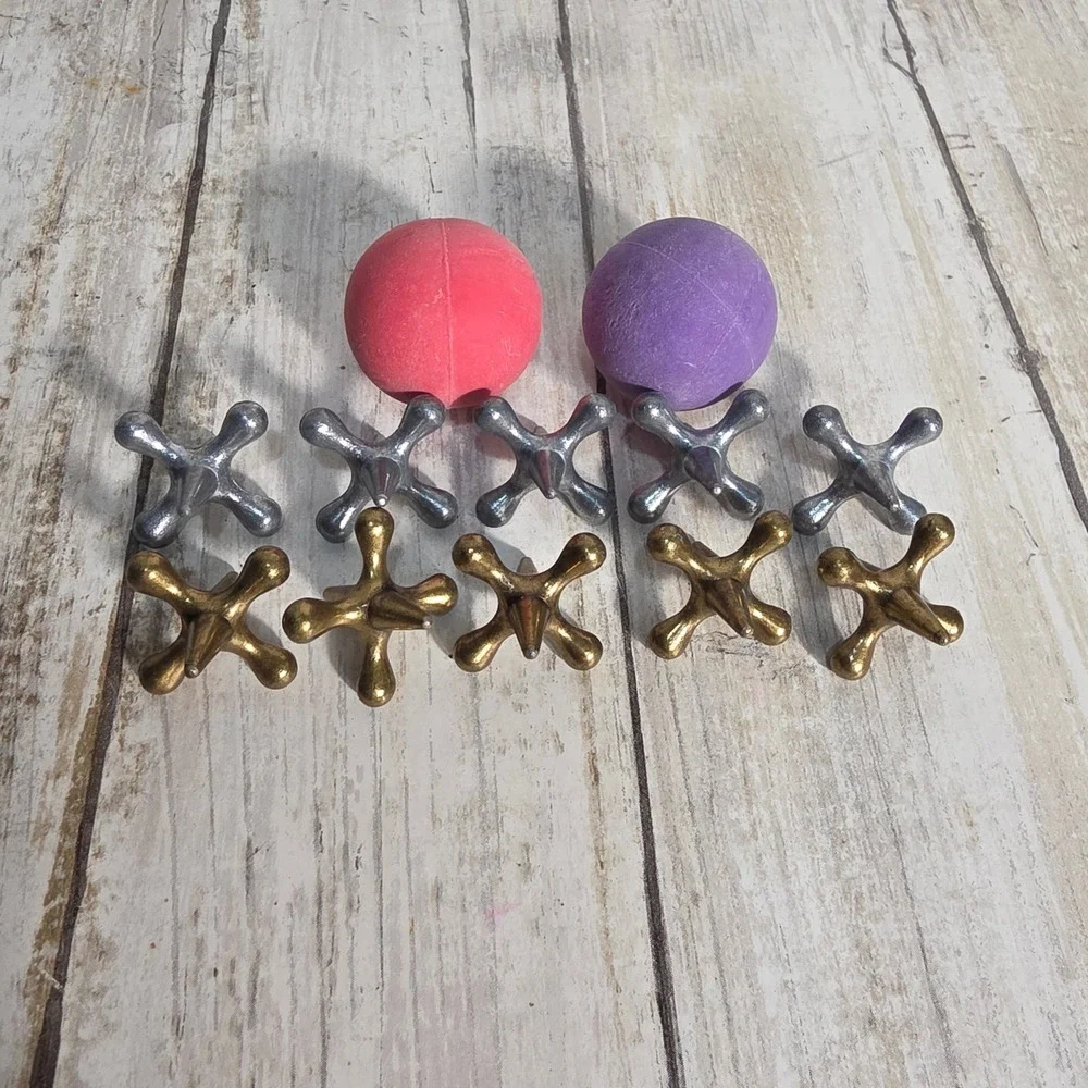 Vintage Style Metal Jacks Game 10 Gold Silver Jacks 2 Rubber Balls Pink Purple